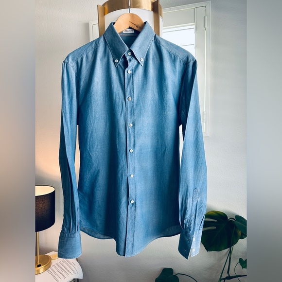 BRUNELLO CUCINELLI Blue Chambray Denim Button Up Cotton Size M Made in Italy